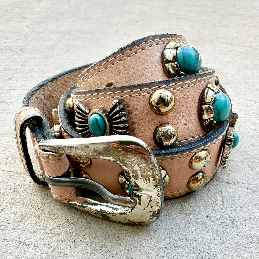 VTG Genuine Leather Turquoise Studded Retro South Western Buckle Concho Belt